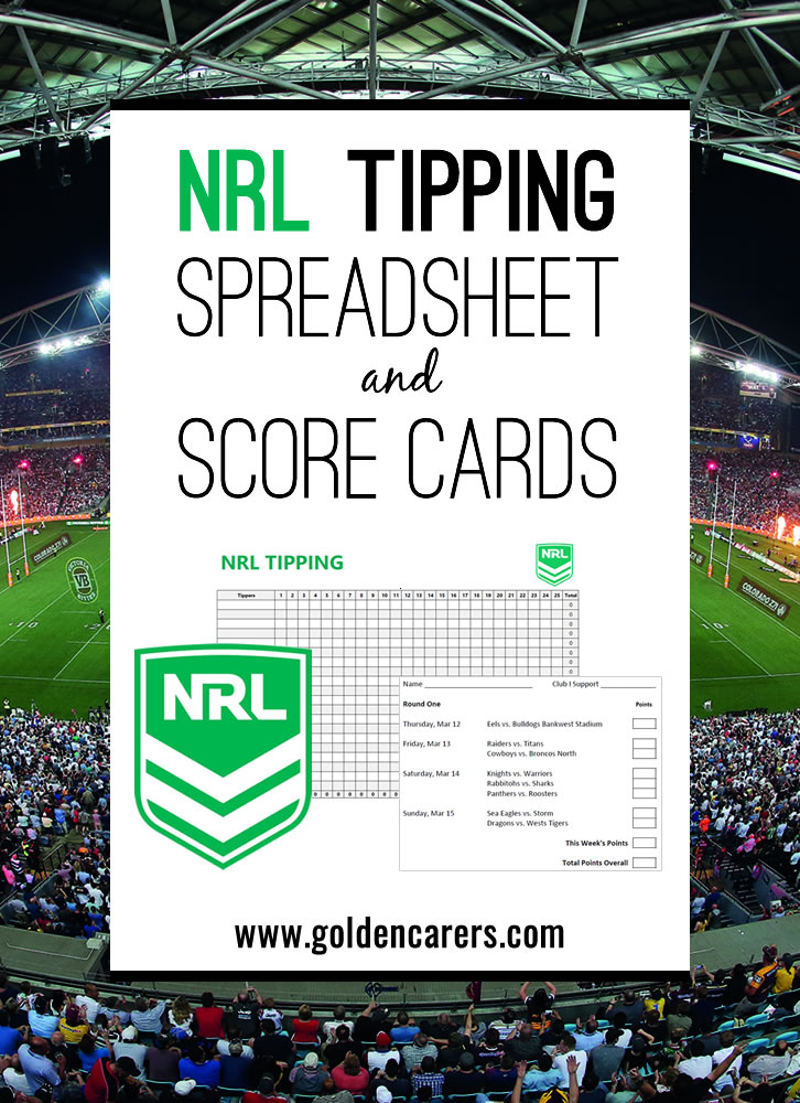 NRL Tipping spreadhsheet with formulas to automatically calculate each person's tally. Score cards for each round of fixtures included! 