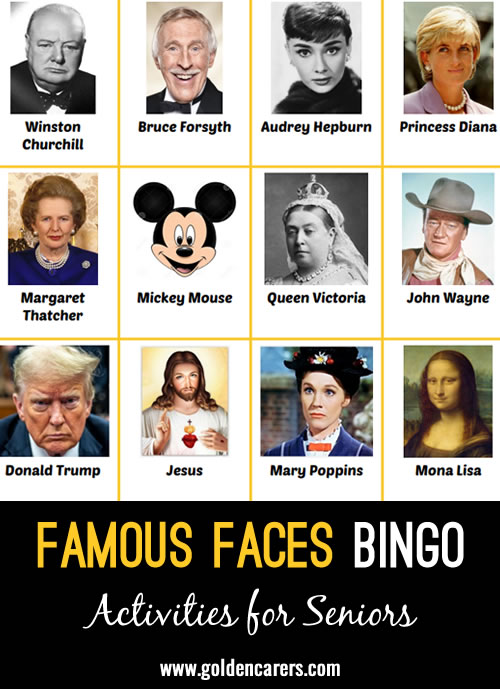 A fun game of recognition and reminiscence! This engaging activity is especially suitable for people from the UK, as some of the famous faces featured are well-known British figures.