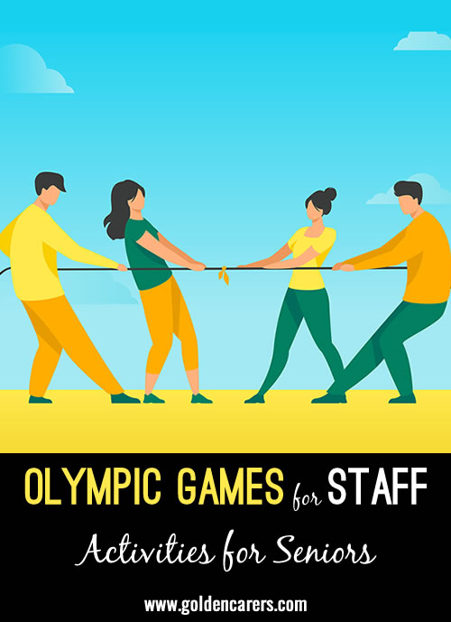 Amuse residents by engaging staff in fun and friendly Olympic-themed competitions! Invite nurses, gardeners, and kitchen staff to join the festivities, enhancing the joy and laughter.  Ask residents to judge the games!