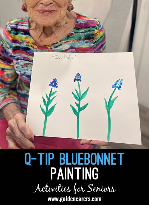 Create beautiful bluebonnet paintings using Q-tips, perfect for a fun and easy art project!