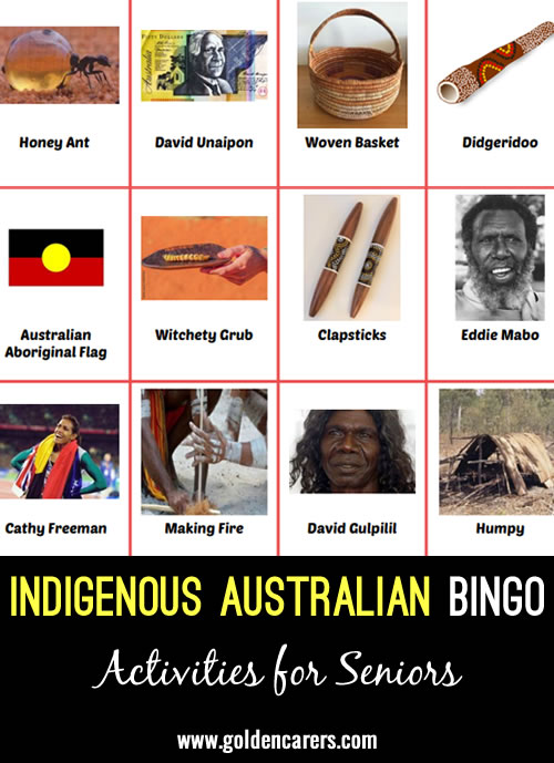 Bingo using traditional Indigenous Australian cultural items, foods, animals, and famous Australian Indigenous people.