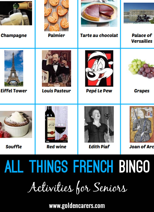 A bingo game featuring French food, wine landmarks, famous french people, cartoon charaters and dogs!