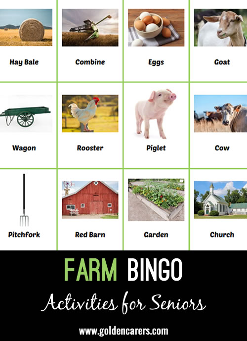 Our participants with dementia love BINGO with pictures! This farm theme sets the stage for reminiscing and conversation.