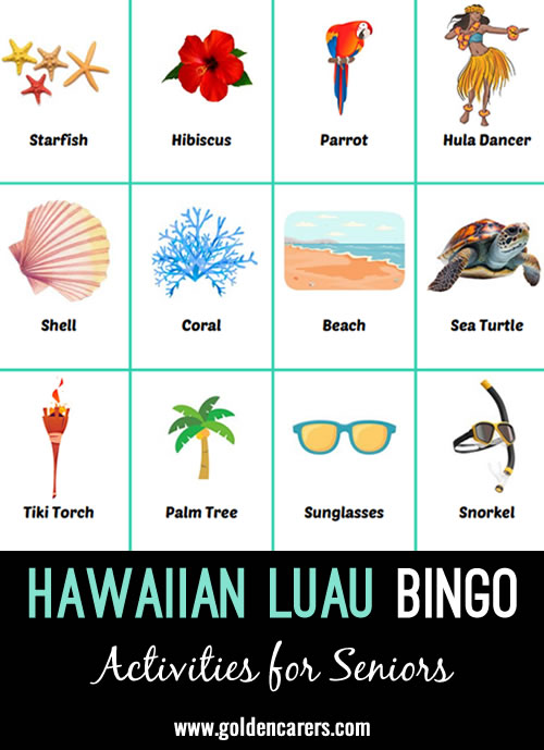 Our participants with dementia love BINGO with pictures! This Luau BINGO is a great addition to any Hawaiian Luau party.