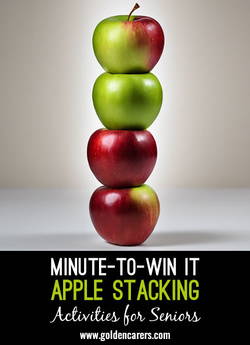 In this challenge the resident must stack apples, one on top of the other, to create a free-standing apple tower. If the tower falls it can be re-stacked. 