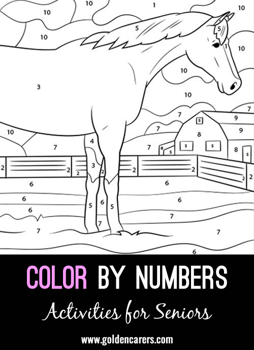 A color by number Horse activity to enjoy! Use the key provided to color each number and discover the completed image. 