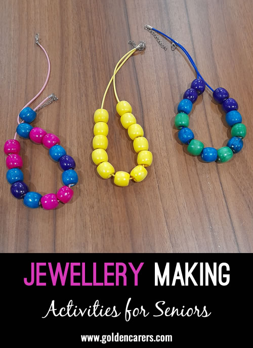 Jewellery making is a sensory and creative activity that allows residents to explore colors and textures while improving focus and hand-eye coordination.