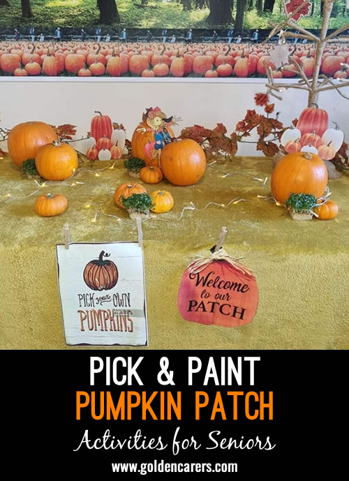 Choose a corner or designated area in your space and decorate it to resemble a pumpkin patch. You can use autumn leaves and signs to create the ambiance.