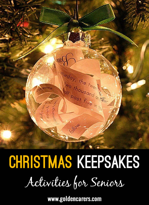 Create a heartfelt holiday keepsake by helping residents craft personalized ornaments that capture cherished memories to share with their loved ones. These ornaments make thoughtful gifts and can become an annual tradition.