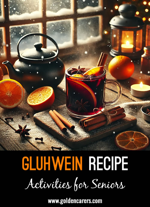 Glühwein is a cozy, spiced mulled wine traditionally enjoyed in Germany and Austria. Perfect for warming up on a chilly winter's day, it pairs well with social activities like a card game or a quiet evening by the fire.