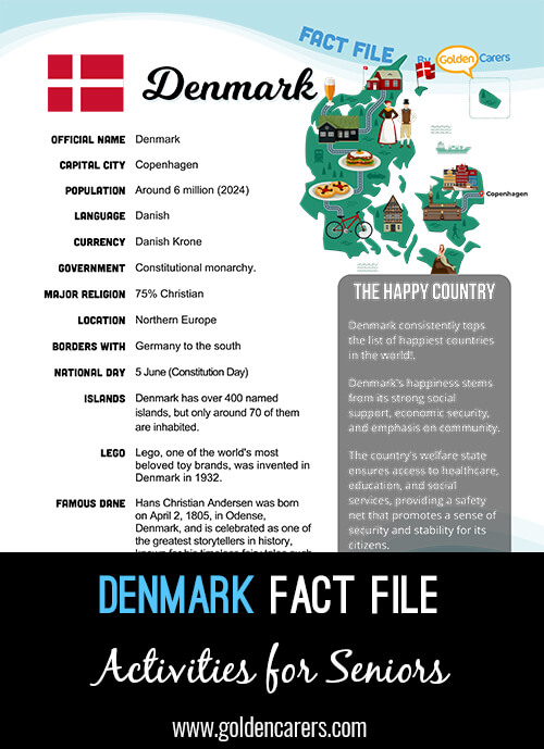 An attractive one-page fact file all about Denmark. Print, distribute and discuss!