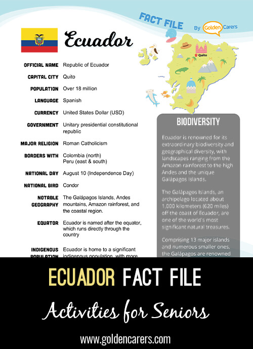 An attractive one-page fact file all about Ecuador. Print, distribute and discuss!