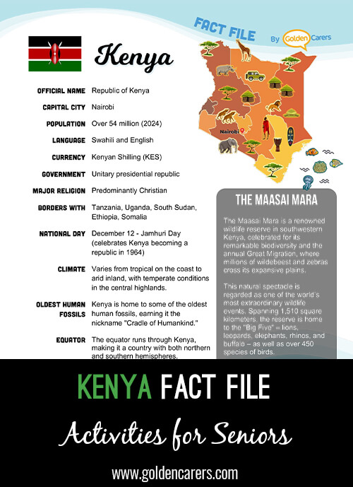 An attractive one-page fact file all about the Kenya. Print, distribute and discuss!