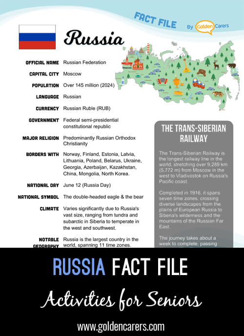 An attractive one-page fact file all about the Russia. Print, distribute and discuss!