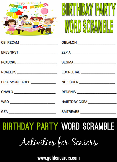 Birthday Party Word Scramble