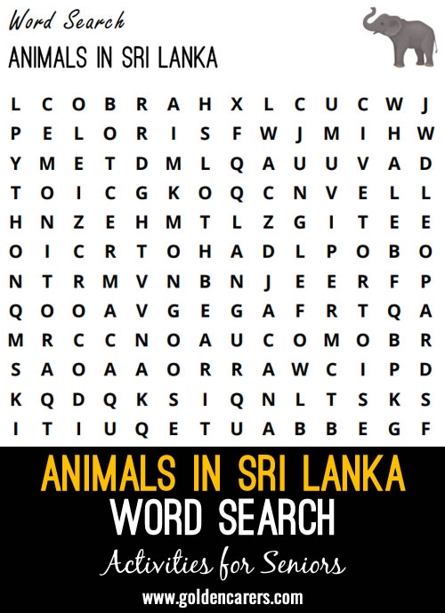 Animals in Sri Lanka Word Search